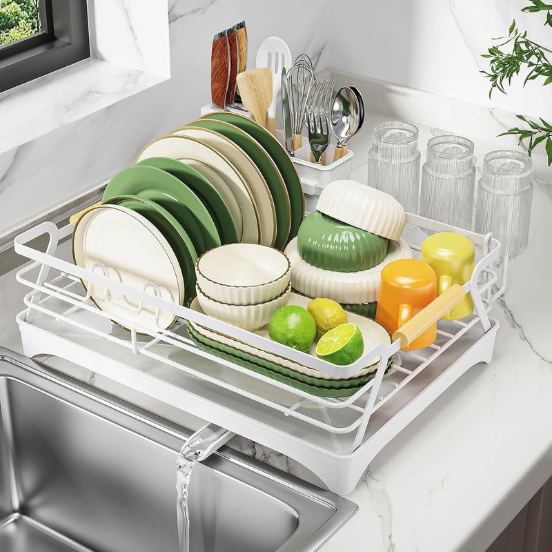 Epicano Dish Drying Rack for Kitchen Counter,Space-Saving Dish Rack,Rustproof Dish Drainer with Utensil Holder and Knife Slots for Sink,Kitchen Drying Rack with Wooden Handle and Cup Holder,White - Image 1